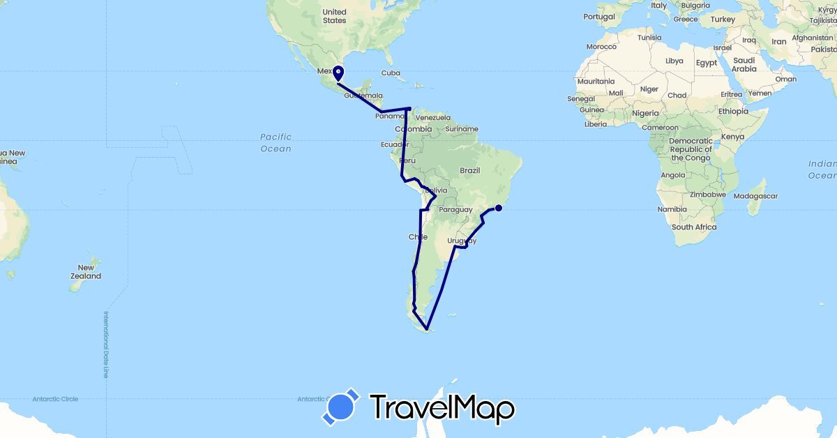 TravelMap itinerary: driving in Argentina, Bolivia, Brazil, Chile, Colombia, Costa Rica, Mexico, Peru, Uruguay (North America, South America)